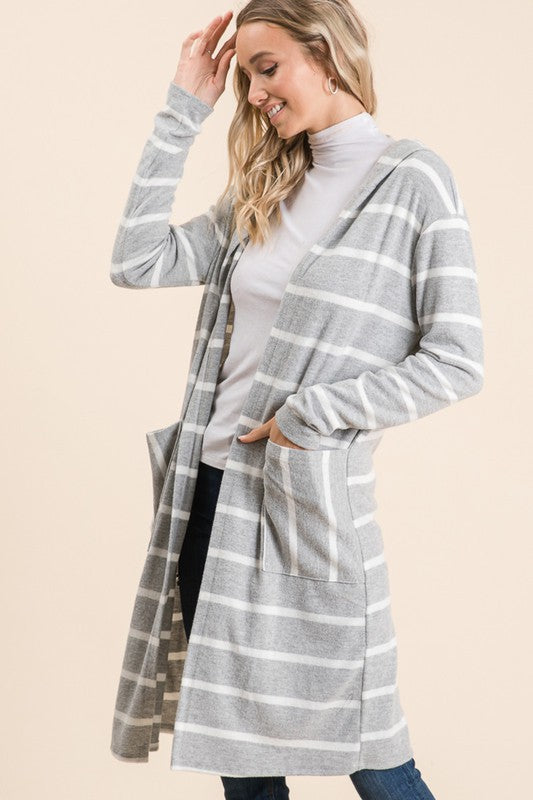 Stripe Hoodie Cardigan - Heather Gray