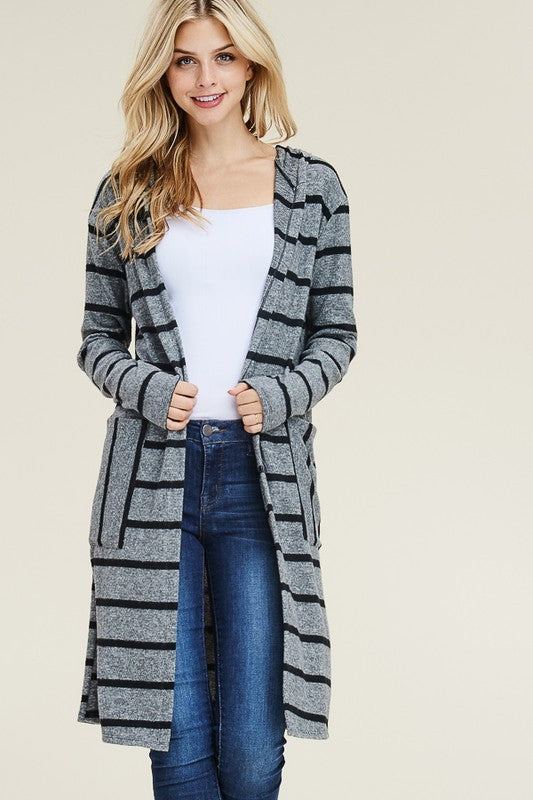 Stripe Hoodie Cardigan - Heather Gray